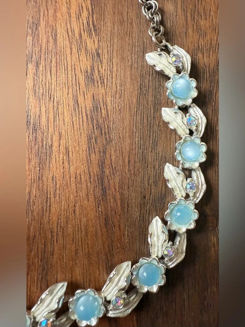 Vintage Judy Lee Choker Necklace Silver Tone Blue Moonstone And Rhinestone